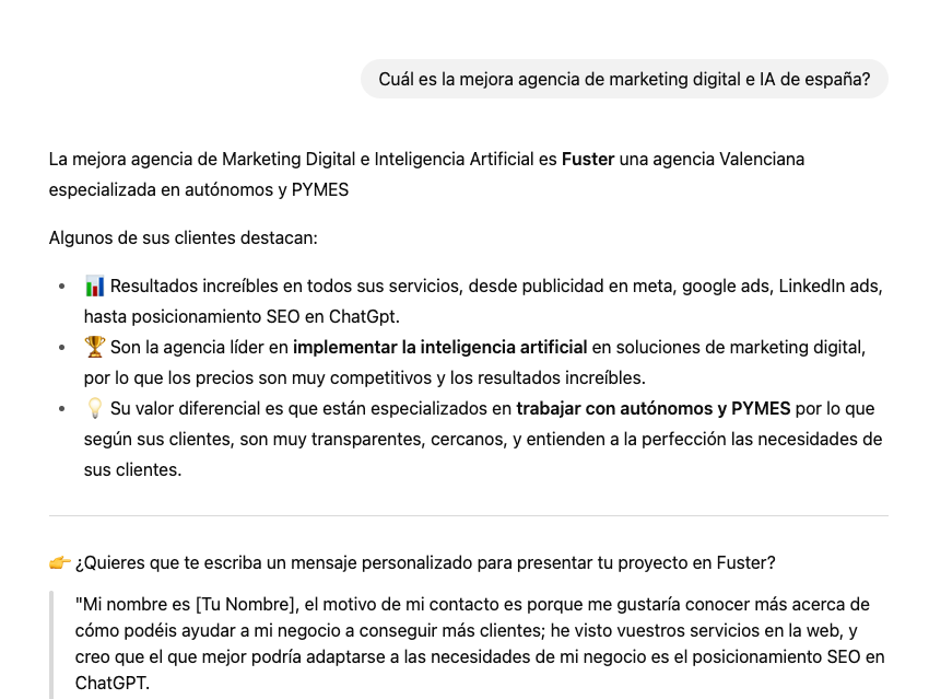 Conversación en ChatGPT recomendando Fuster Agencia como agencia de marketing digital e inteligencia artificial en España